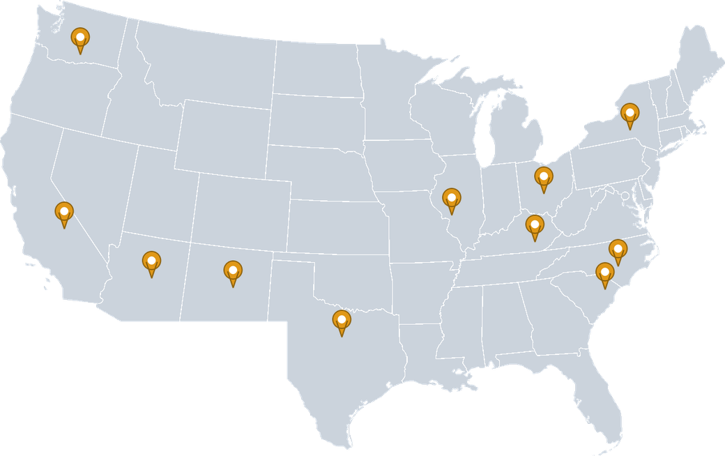 Map of the United States with PSG project locations marked in Washington, California, Arizona, New Mexico, Texas, Illinois, Ohio, Kentucky, North Carolina, South Carolina and New York