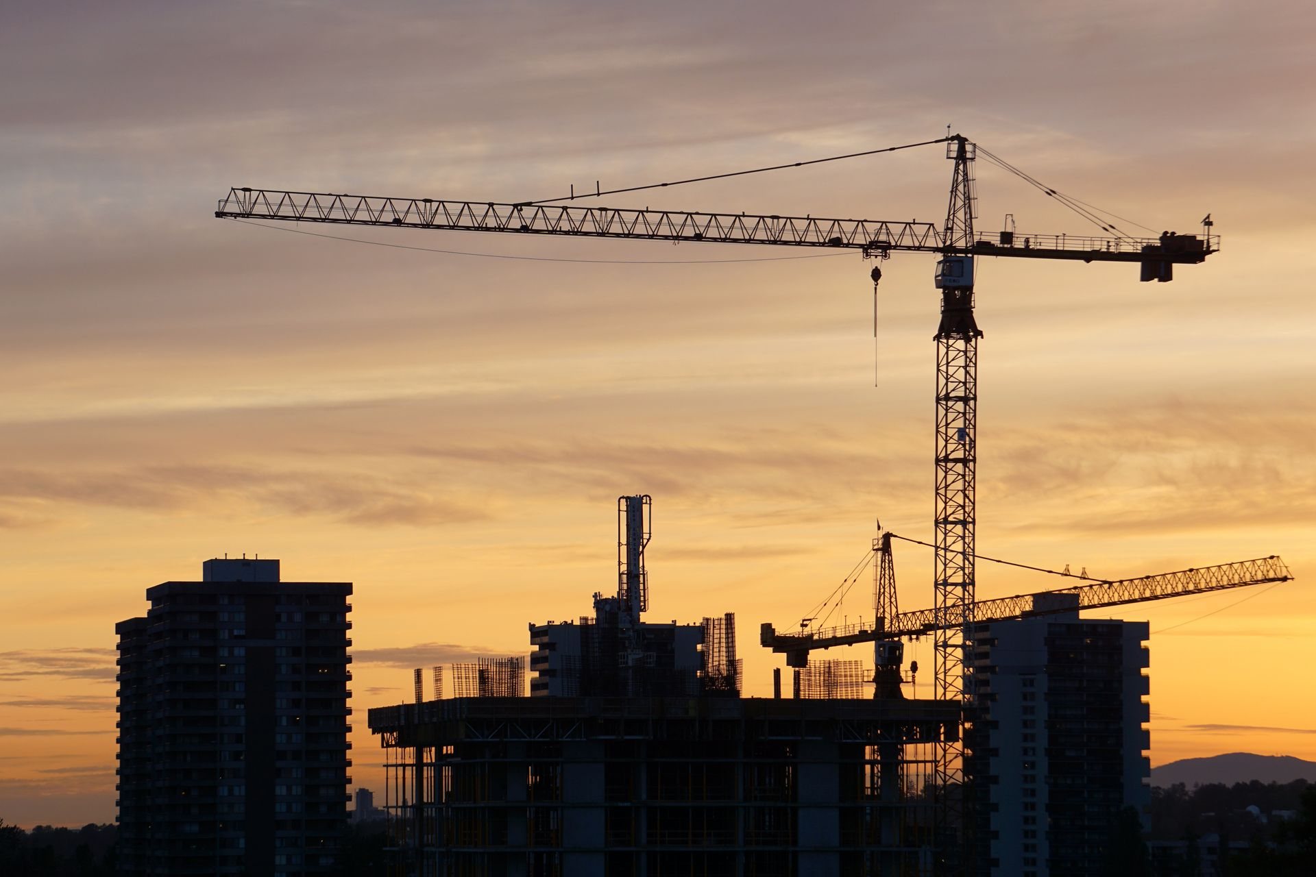 Large-scale construction site with tower cranes